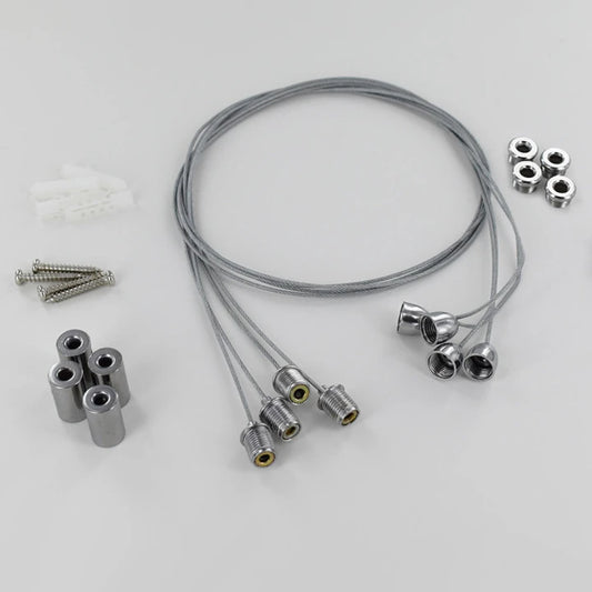 Silver cable hanging kit with screws and fasteners.