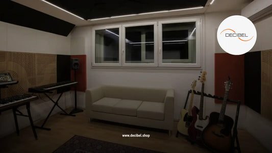 music studio at home with acoustic panels, guitars and keyboard