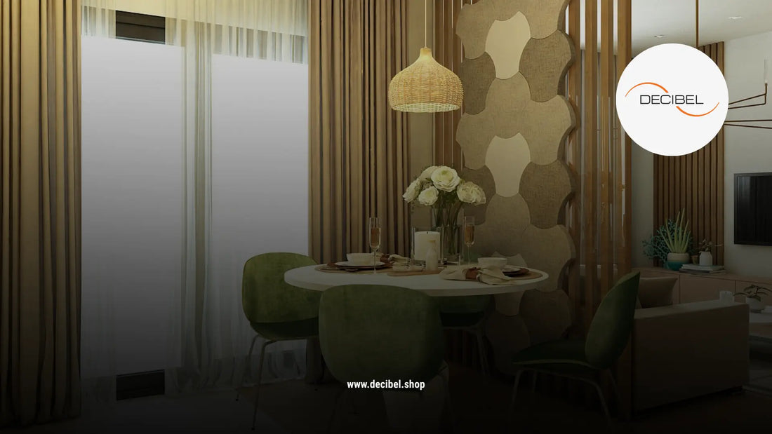 cosy dining space at home with textile acoustic panels on walls in brown, yellow and green colours