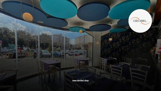 blue acoustic ceiling panels in a restaurant