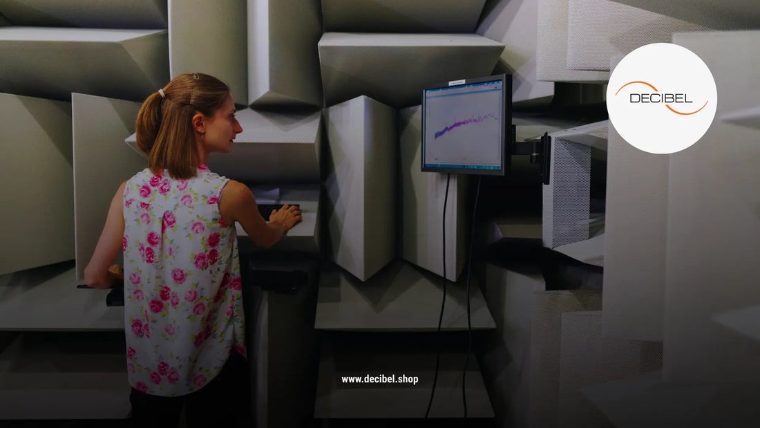 woman in a testing anechoic chamber with foam acoustic panels measuring noise