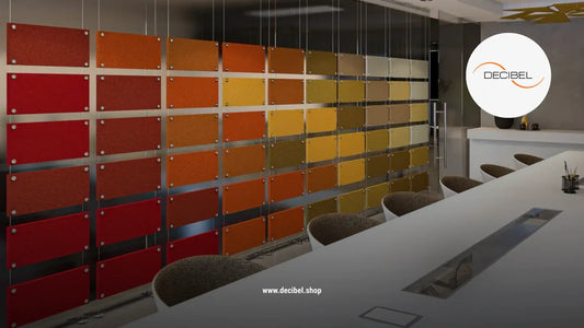 PET felt acoustic panels in orange, yellow and red in a room