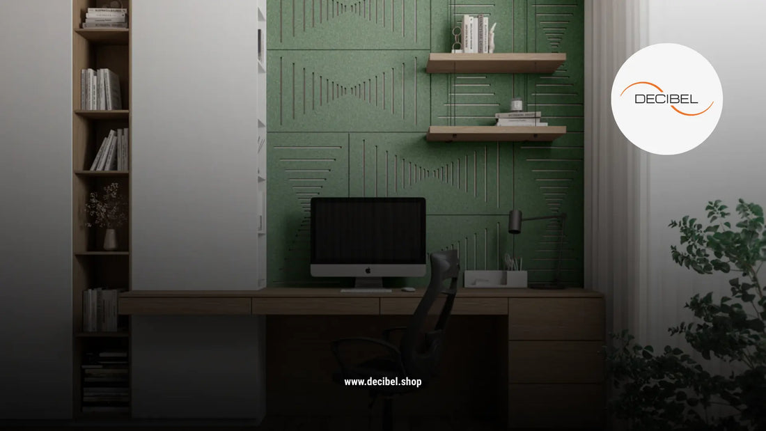 home office corner with green pet felt panels on the wall