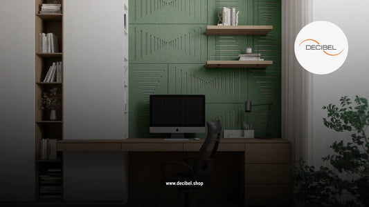 home office corner with green pet felt panels on the wall