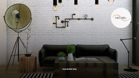 modern living room industrial design style with sofa and big lamp and white brick wall