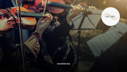 classical musicians playing in a concert hall with violins