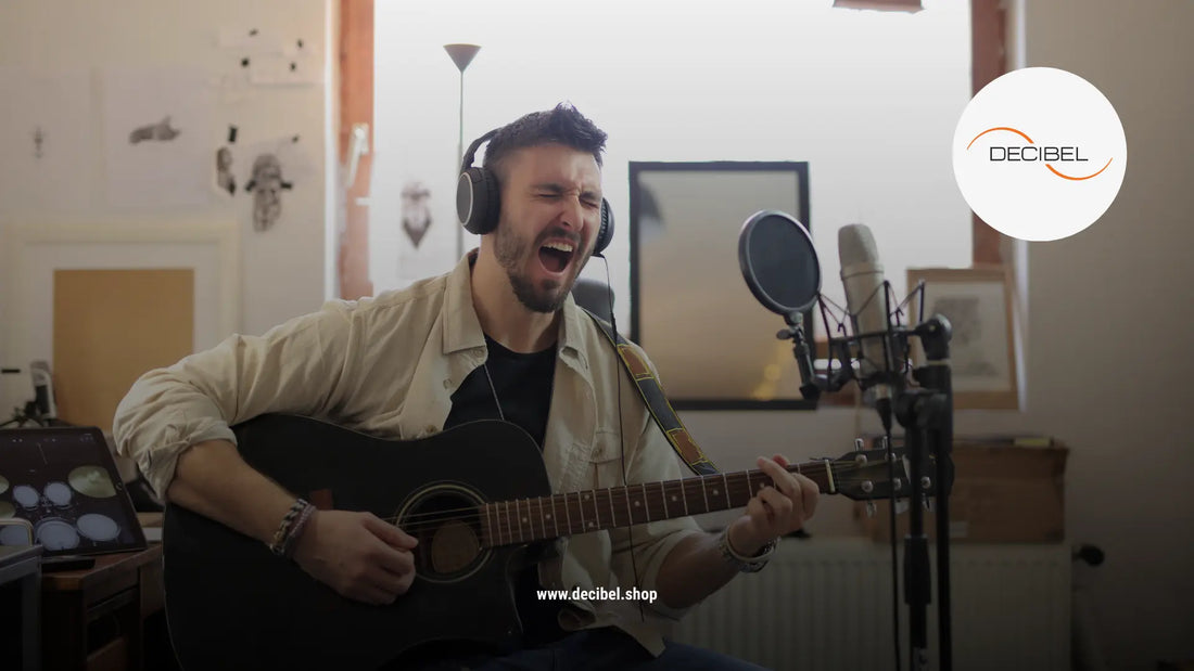 man singing and playing guitar in a home music studio