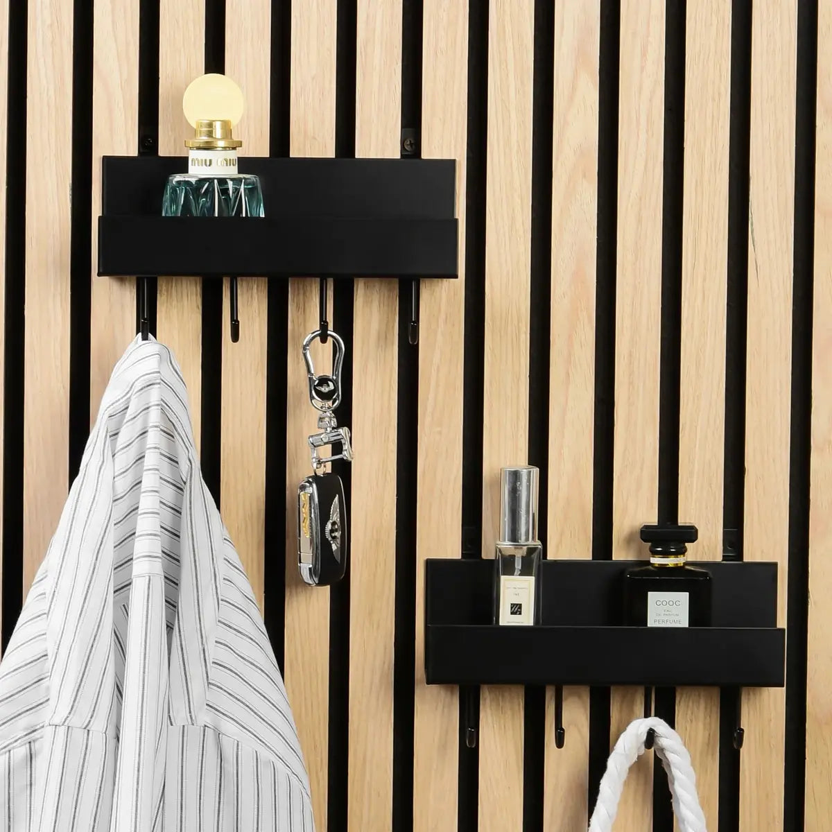 Shelves with hooks for Wood Slat Panels