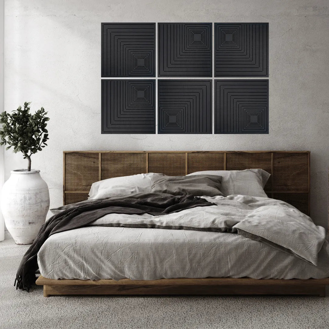 Bedroom with a bed, headboard, and wall Acoustic panel in black colour

