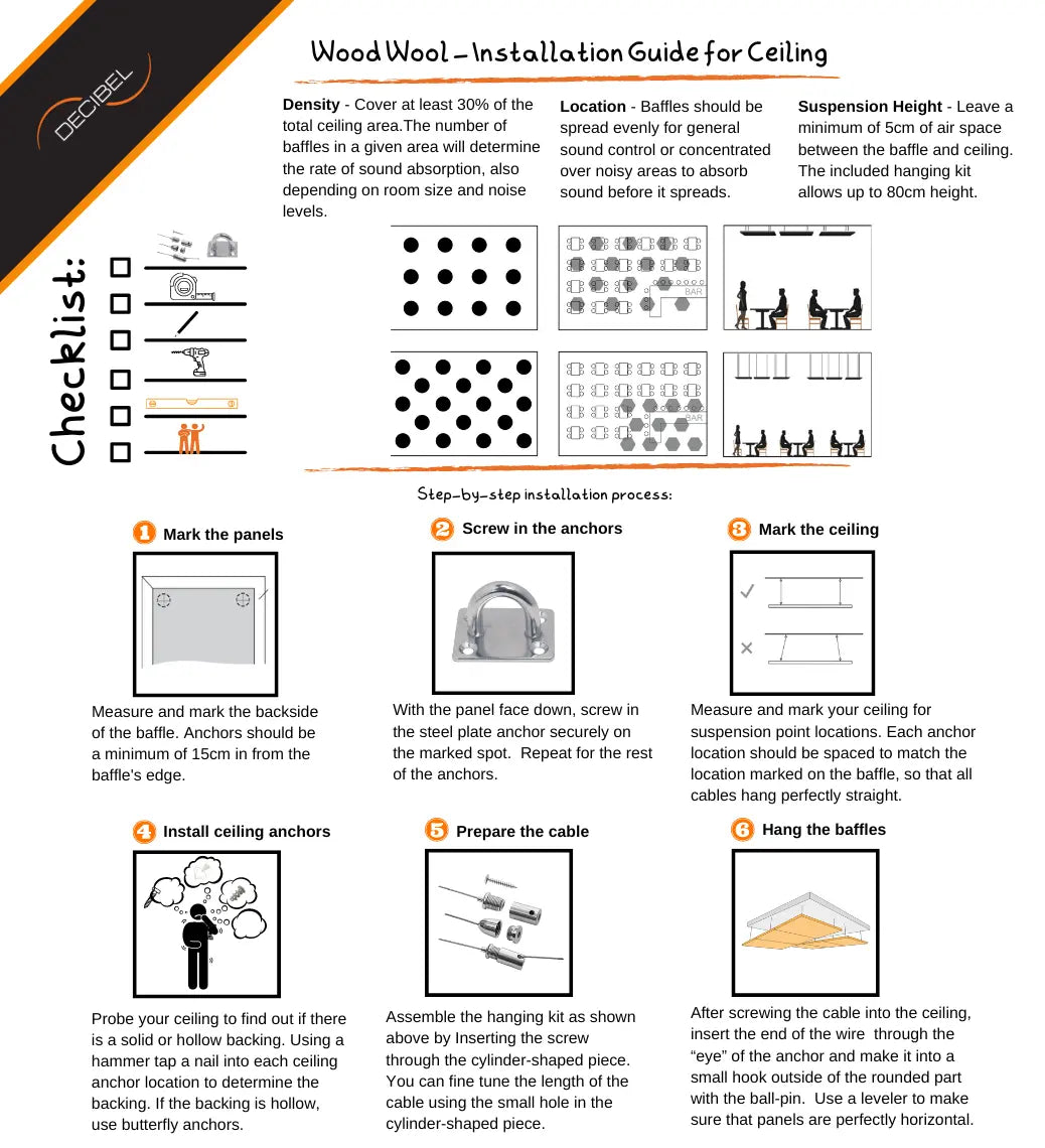 Wood Wool Acoustic board Sound installation guide on ceilings with wires DECIBEL