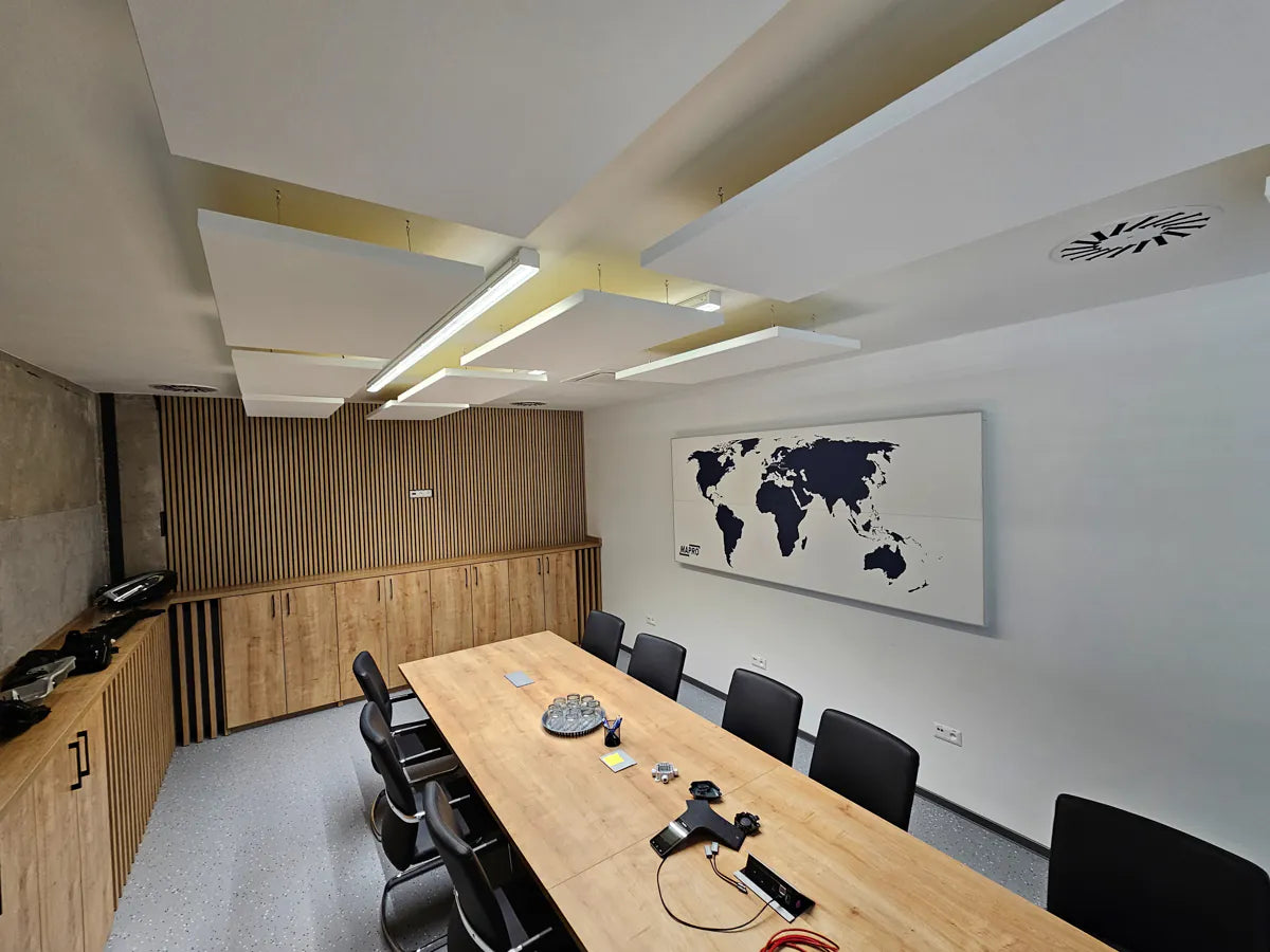 Acoustic ceiling baffles and rafts for meeting rooms