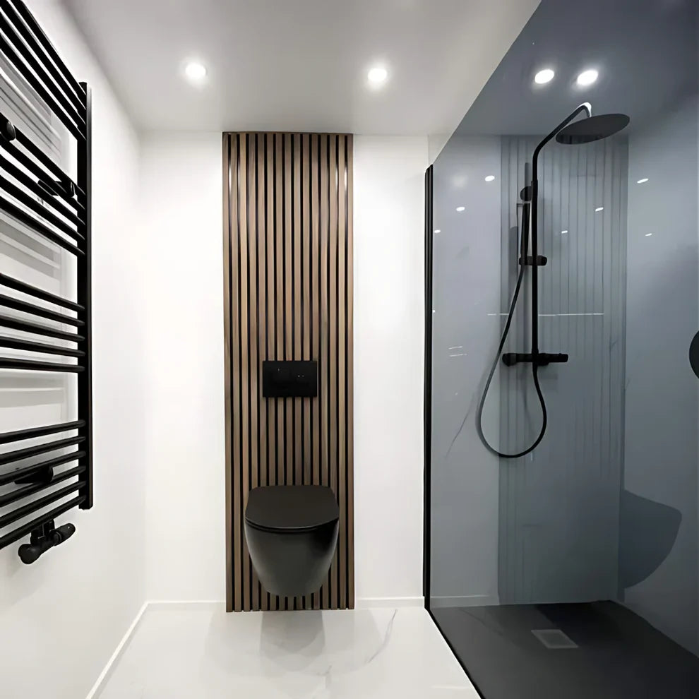 Eco-friendly wooden acoustic slat panels in bathroom