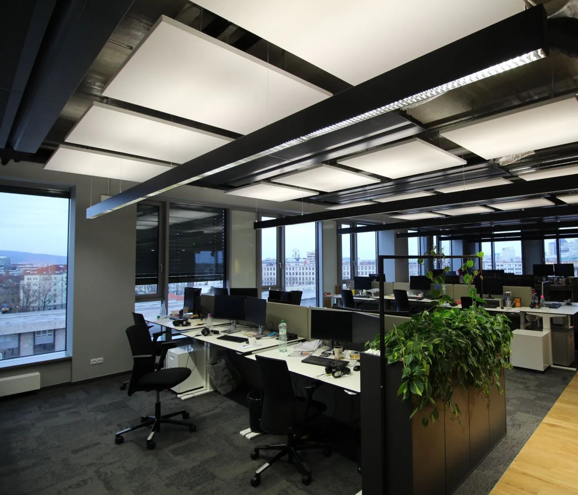Acoustic ceiling baffles and rafts for offices