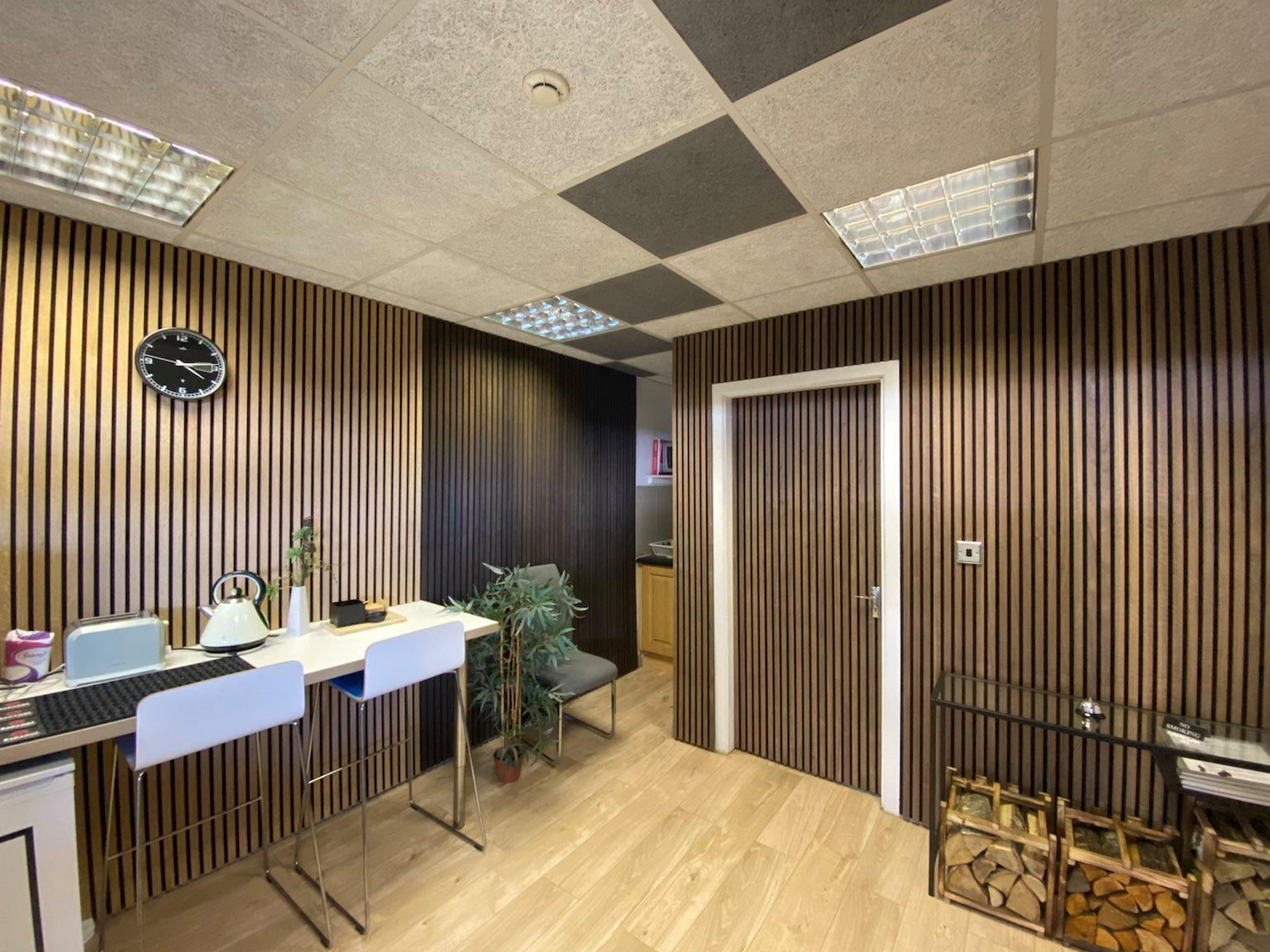 Eco-friendly wooden acoustic slat panels for wellness centers