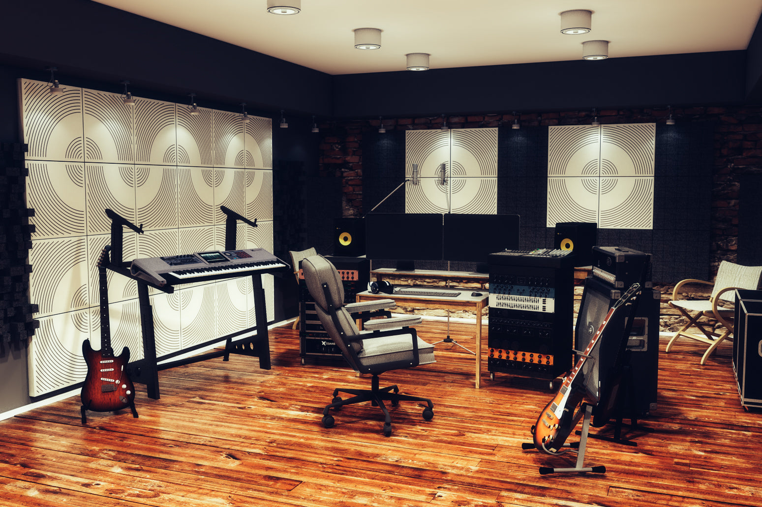 White WAVO perforated wood acoustic panels in a music studio